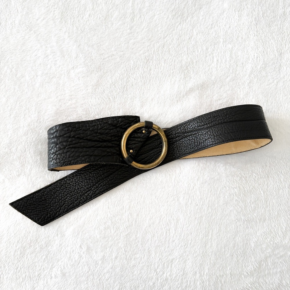 Neiman Marcus Leather Obi Belt Wide Brass O Ring Pebbled Buffalo Black Vintage
